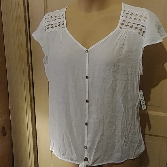 New Flutter sleeve, front tie , pull-over, lace trimmed, sheer TOP - Picture 1 of 4